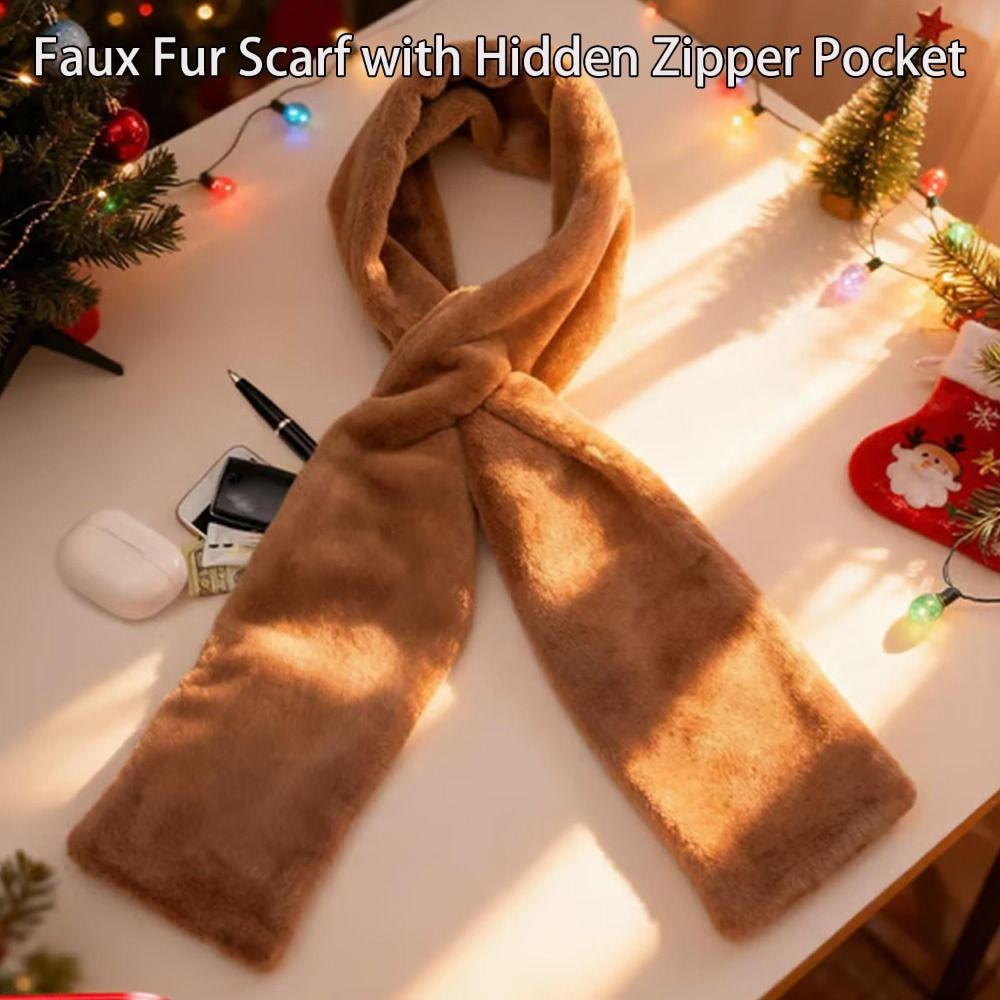 With Hidden Zipper Pocket Plush Scarves Soft Cross Neck Scarf  Autumn/Winter