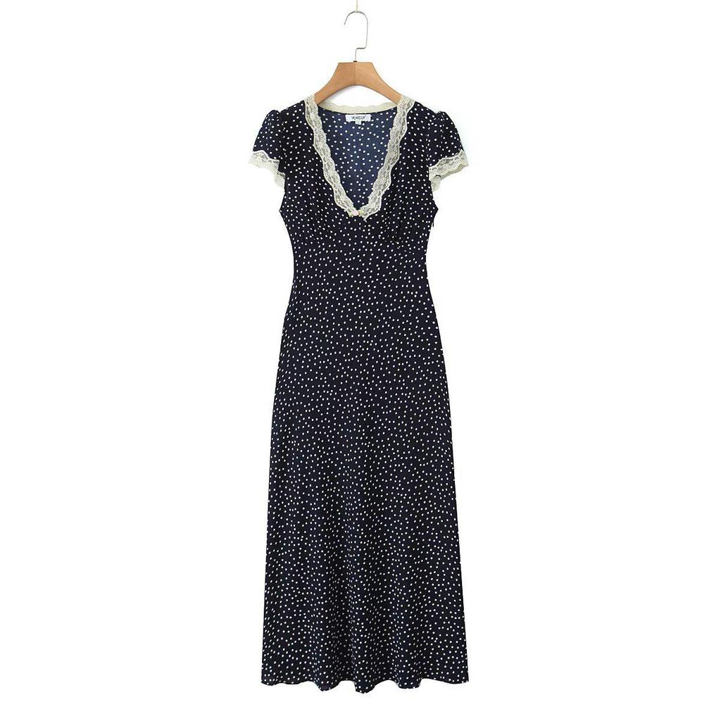 Elegant French Polka Dot Long V-Neck Lace Dress - Women's Summer 2026 Slimming Short-Sleeve Skirt.