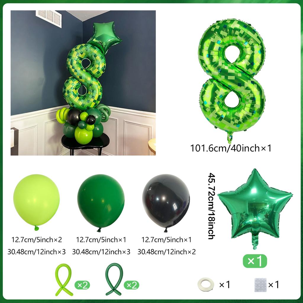 40 inch green pixel digital balloon set (0-9) pentagram aluminum foil balloons for decorating boys and girls' birthday parties