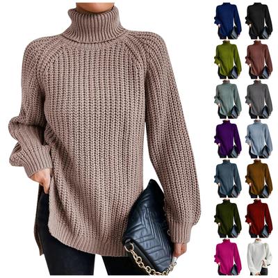 Women's Casual Solid Color Slim High Neck Knit Sweater Long Sleeve Top
