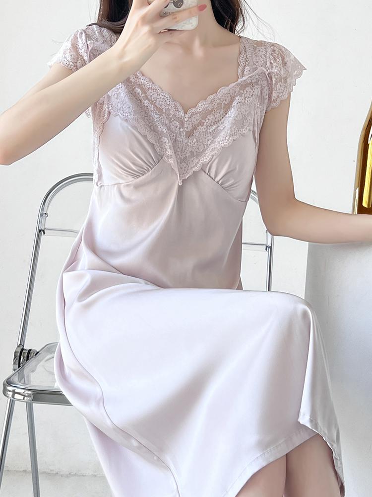 Women's Spaghetti Strap Mulberry Silk Nightgown with Built-in Bra - Chic Summer Dress & Pajamas