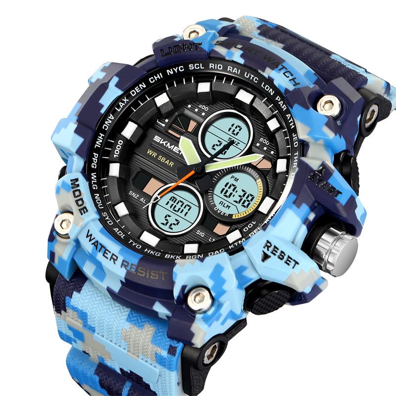 Skmei Fashion Big Size Dial Men Sports Watches Three Time Zone Analog Digital Display LED Waterproof Alarm Clock Male Stop Watch