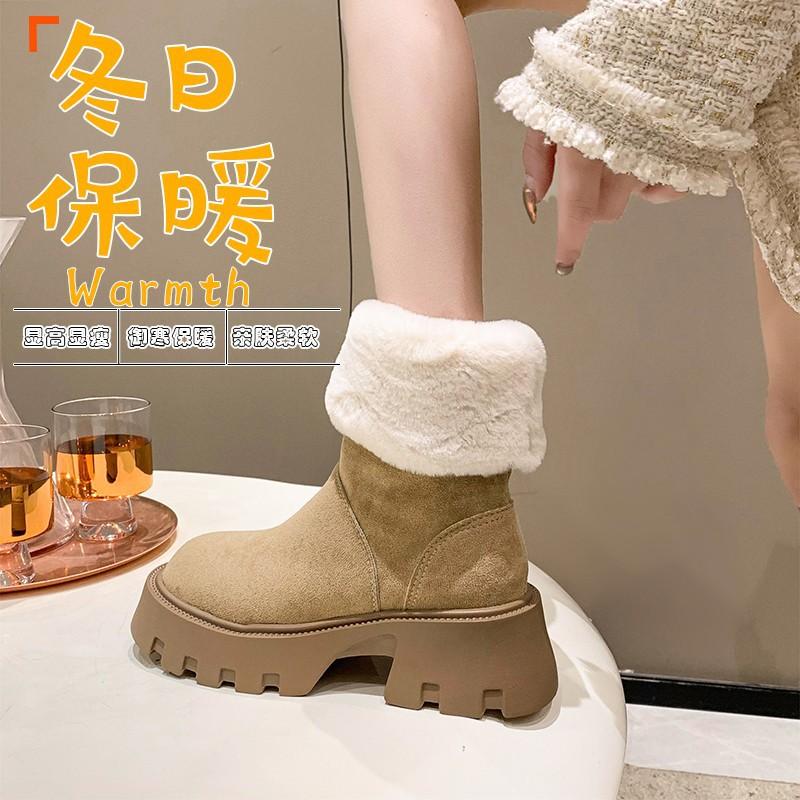 2025 New Thick-soled Heightening Snow Boots Women's Winter Plush Warm Retro Thick Heel Pile Fur Collar Short Boots