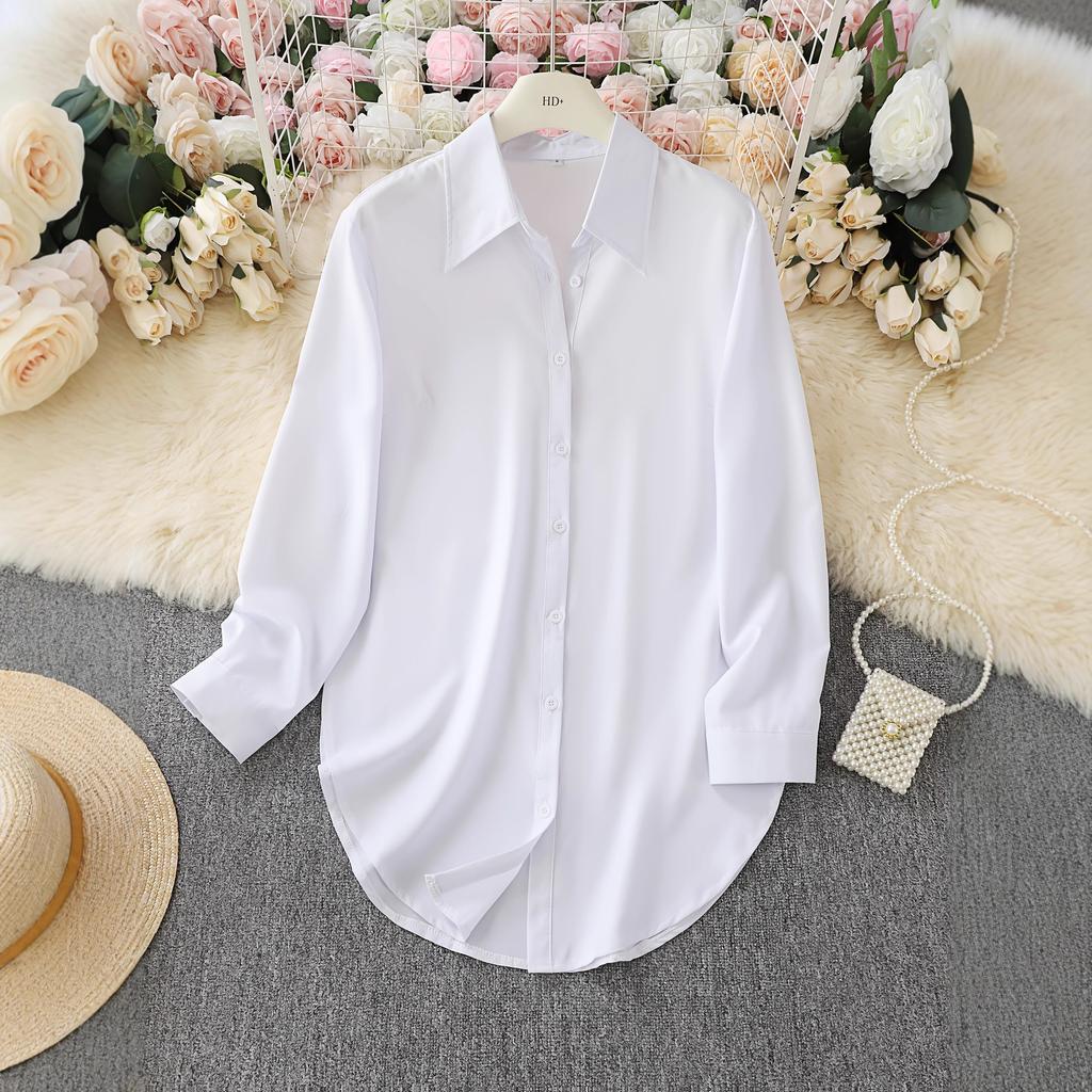 women's Plus Size Solid Color Point Collar Long Sleeve Curved Hem Loose Casual Shirt Blouse