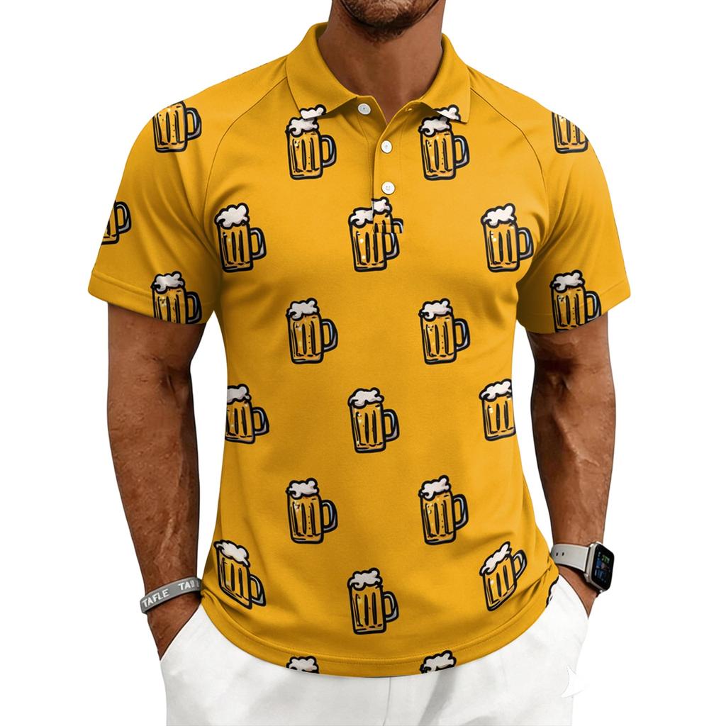 Men’s Casual Printed Polo Shirt with Short Sleeves Button Front and Turn-down Collar for Everyday Wear