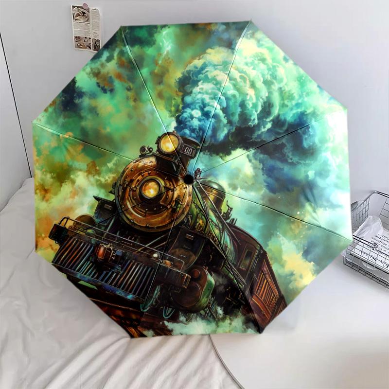 Steampunk  pattern, automatic folding umbrella, portable and foldable design, 8 ribs, a Christmas or birthday gift.