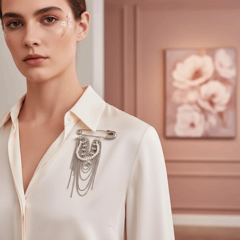Imitation Pearl Accents Safety Pin Chain Brooch Punk Style Suit Accessory Suit Personalization