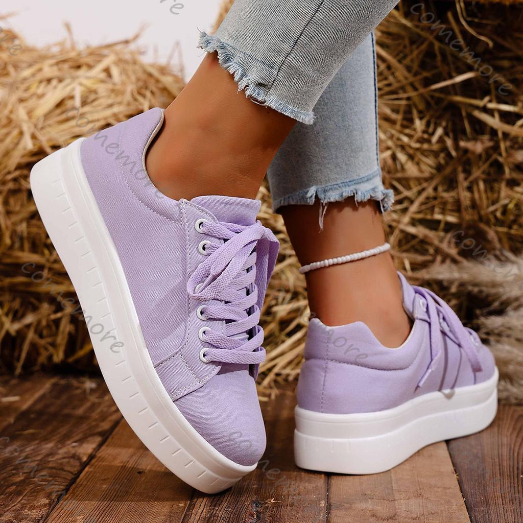 Comemore Spring Autumn Women Platform Vulcanize Shoes Round Toe Lace Up Casual Flat Sneakers Comfortable Large Size Board Shoes