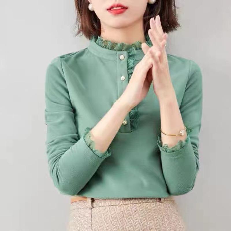 Threaded Double-sided Fleece Autumn and Winter Base Shirt for Women's Latest Standing Collar Lace Thickened Long-sleeved Inner Top