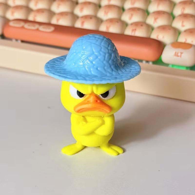 3D Printed Duck Figurine Set of 4 with Angry Face and Crossed Arm, Textured Hat Decorations for Office Desks, Display Shelves, and Entryways