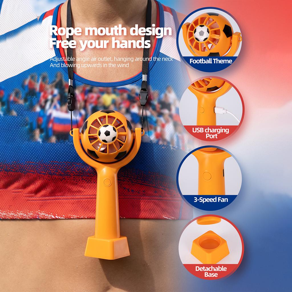 3-Speed Portable Mini Fan USB Rechargeable Handheld Fan with Base & Rope Football Design Pocket Fan for Home Outdoor Travel Cool
