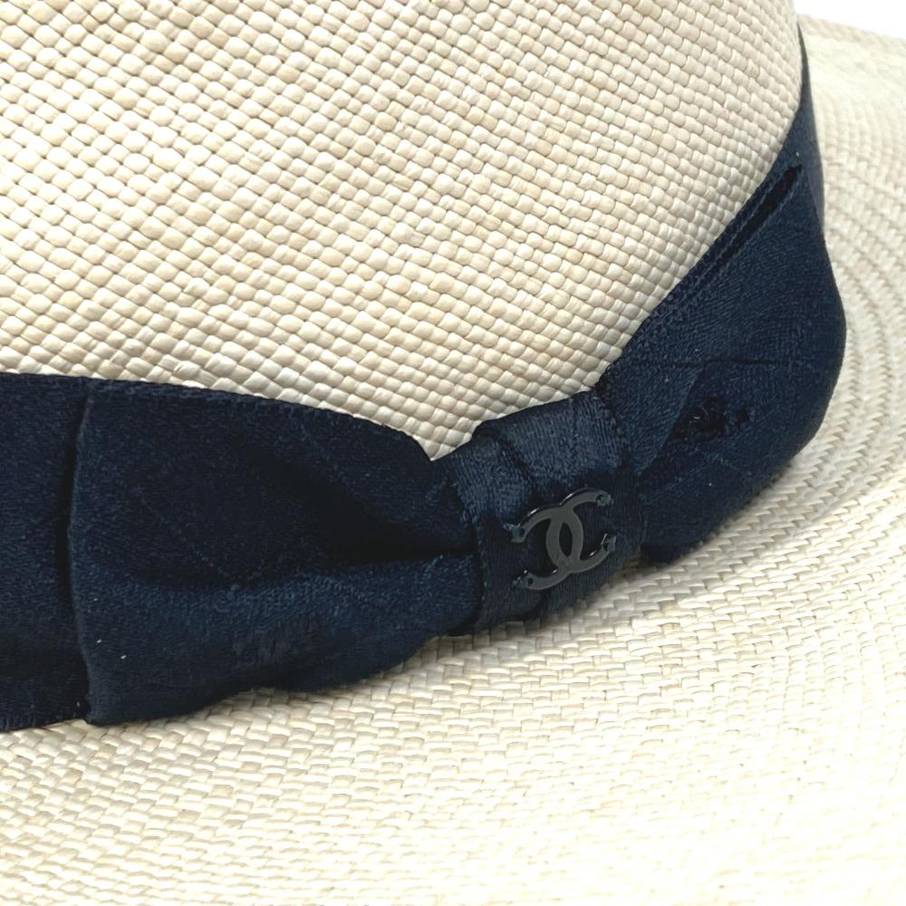 CHANEL CC CC Mark Grosgrain Ribbon 19V hat straw hat straw Beige/Black