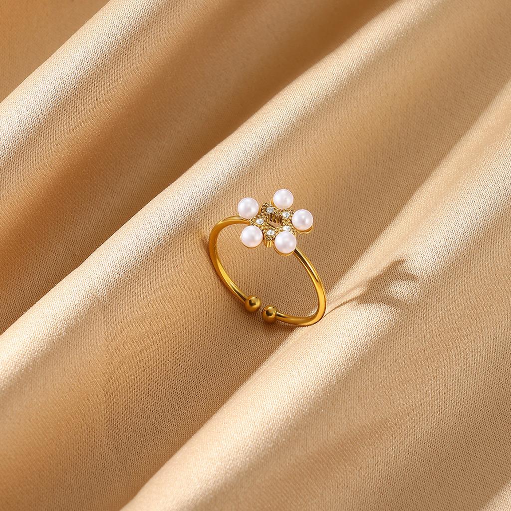Mini Gold Color Opening Rings Cute Women Zirconia Imitation Pearl Anillos Flower Stainless Steel Ring Romantic Proposal Jewelry