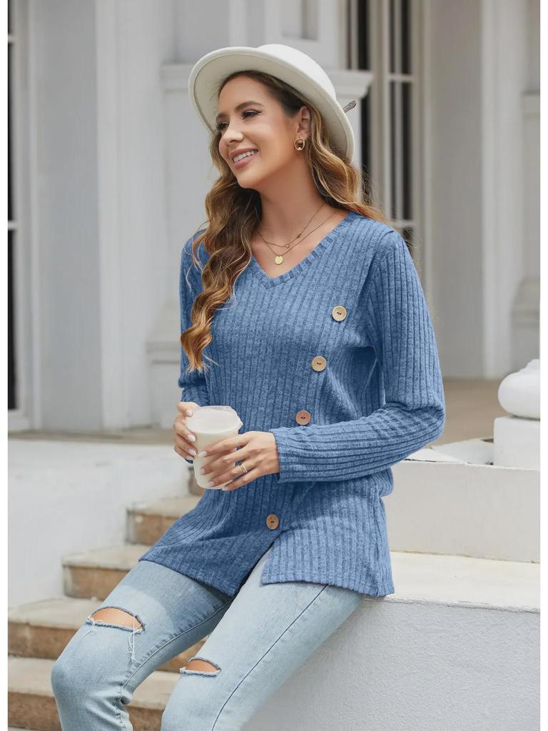 2023 Women's Autumn & Winter V-Neck Button Split Loose Long-Sleeve T-Shirt Top