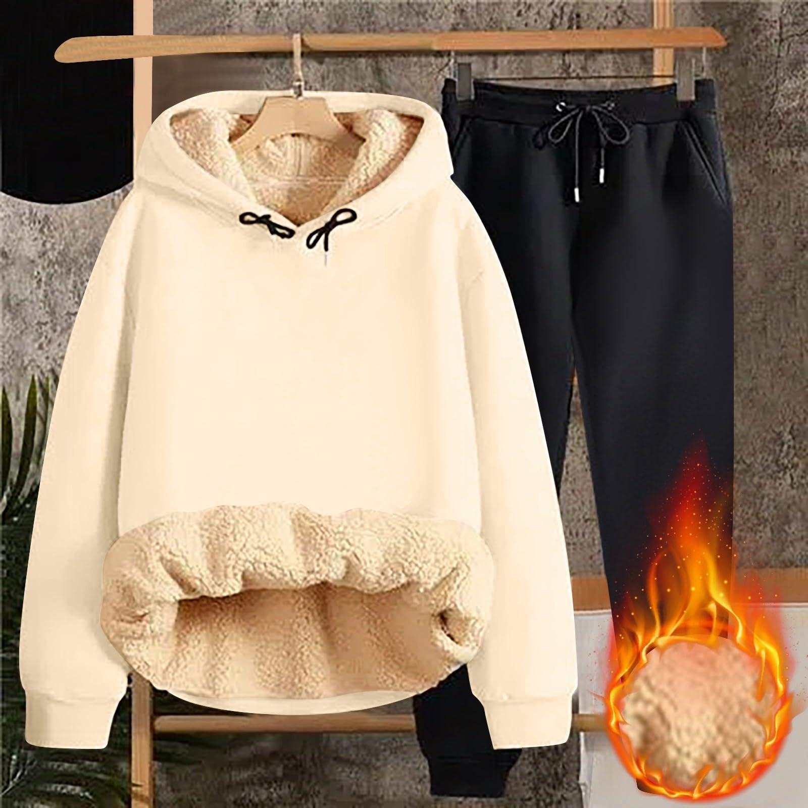 

Женская мода однотонная и зимняя утепленная толстовка с капюшоном, свитер, спортивные штаны, повседневный комплект из двух предметов L бежевый