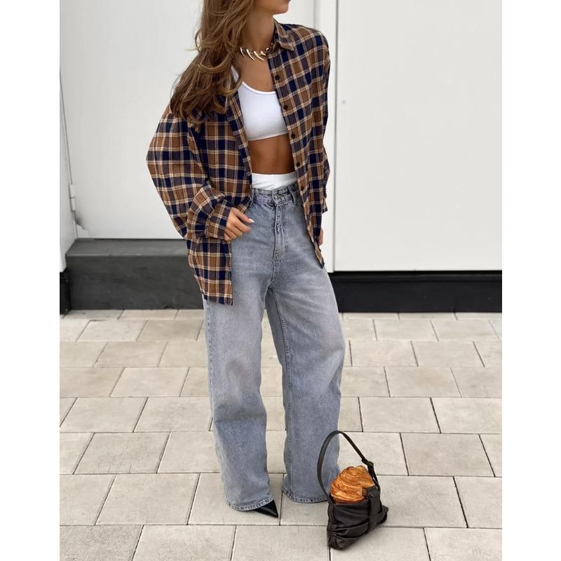 Women S Vintage Plaid Long Sleeve Loose Cardigan Shirt Summer Casual