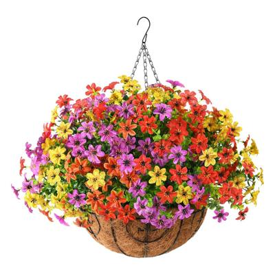 Artificial Hanging Flowers Basket UV Resistant Fake Hanging Plants Colorful Faux Silk Flowers Eucalyptus In Basket for Porch Patio Balcony Home Decor
