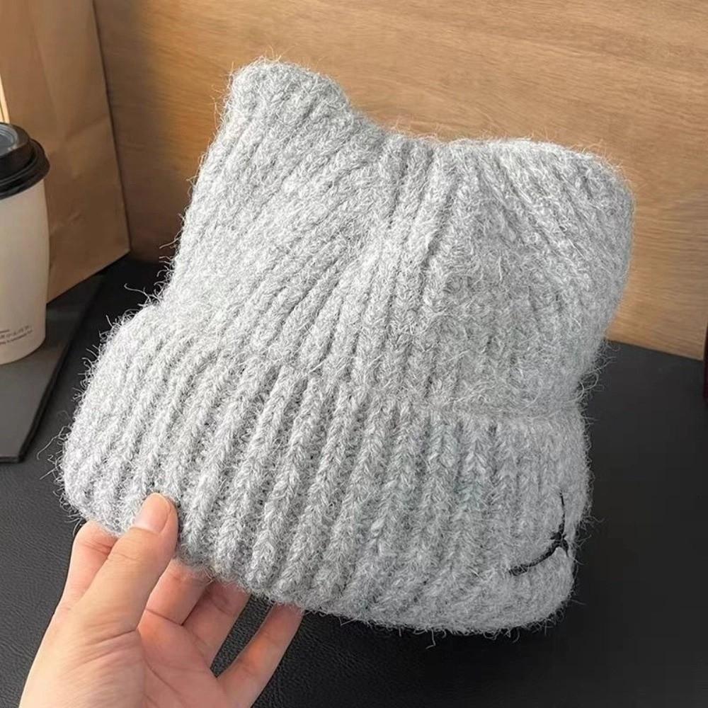 Solid Color Cat Ear Beanie Thickened Knitted Skullies Soft Knitted Woolen Hat  Autumn
