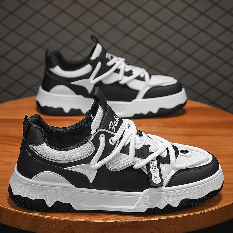 Men'S Shoes Leather Splicing Mesh Breathable Board Shoes Cross Strap Low Top Men'S Casual Sports Shoes