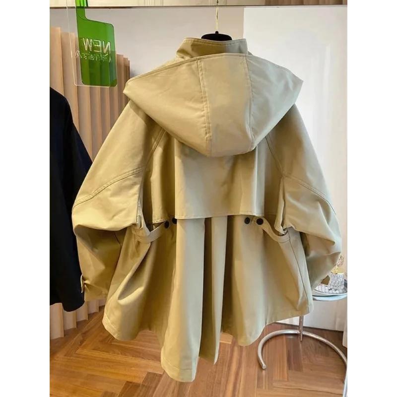American Vintage Long Sleeve Hooded Trench Women Casual Wide-Waisted Zipper Utility Style Coat Button Patchwork 2025 Autumn