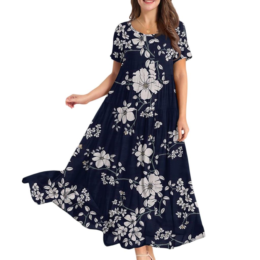 Women's Casual Loose Bohemian Floral Print Short Sleeve Dress
