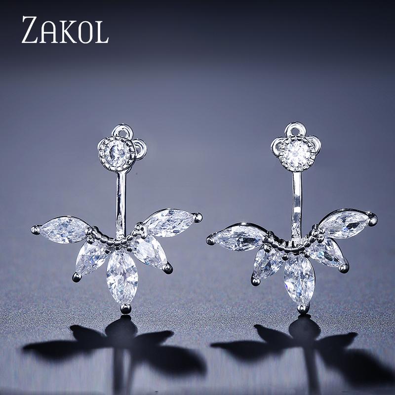 ZAKOL Fashion Leaf Stud Earrings For Women Girls Simpe Cubic Zircon Earring Jackets Zircon Party Zircon