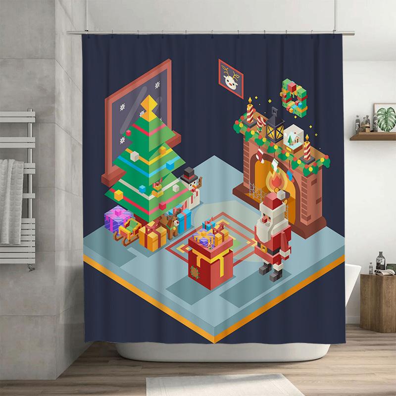 

Tu Christmas Shower Curtain Festive Holiday Decor Santa Claus Village Backdrop Xmas Bathroom Fabric Waterproof Home Decor W60H190(CM)-1 Pcs
