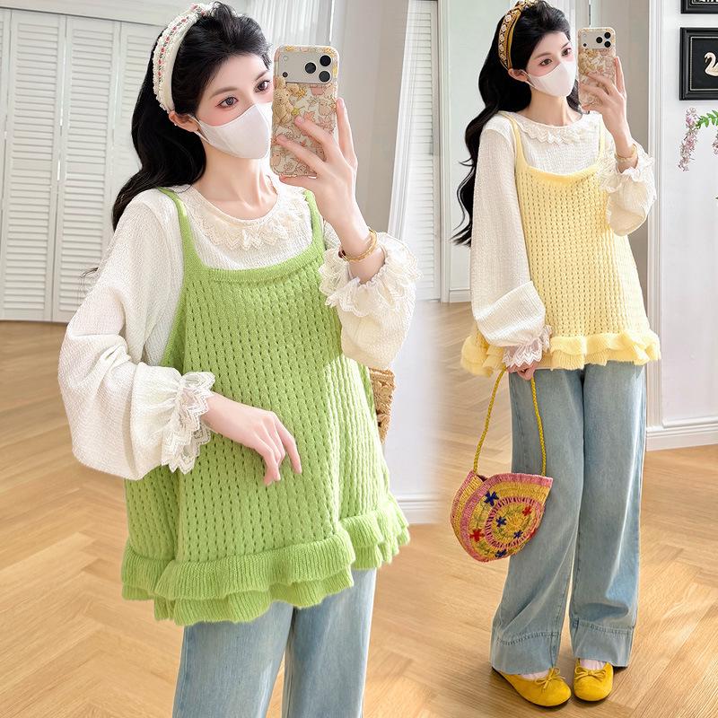 Spring 2026 Korean Lace Long Sleeve & Knit Vest Maternity Set XL