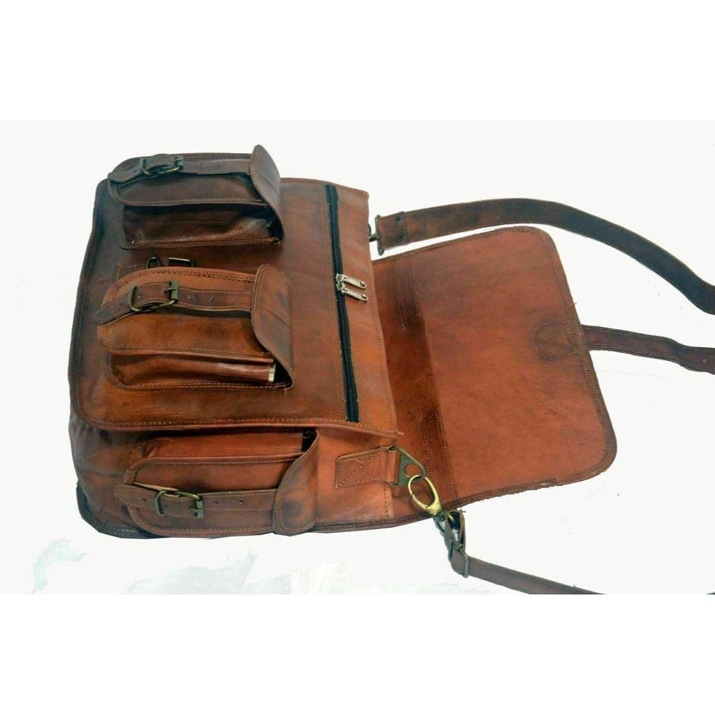 Grote echt geitenleer Vintage bruine Messenger schouderlaptoptas aktetas