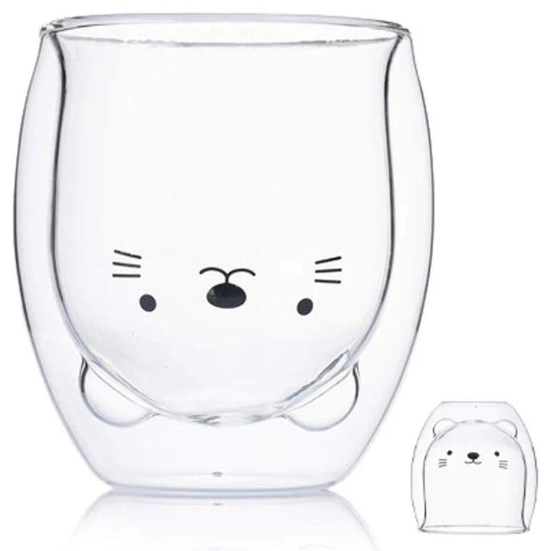 Double Glass Coffee Mug Coffee Cup Cartoon Cute Bear Cat Duck Glass Cup Anti-Scalding Breakfast Milk Lemon Juice Cups Drinkware