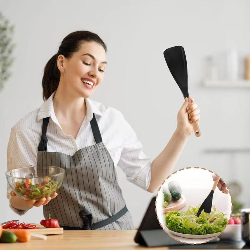 Food Grade Non  Premium Silicone Multipurpose Serving Spoon Silicone With Wood Handle Cooking Utensil For Home Kitchen