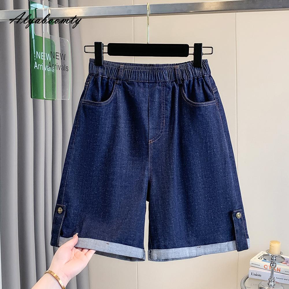 Koreanischer Stil Übergröße Sommer Damen Kurze Jeans Elastischer Bund Lässig Locker Blaue Denim Caprihosen Basic Damen Weites Bein Caprihosen XL-5XL