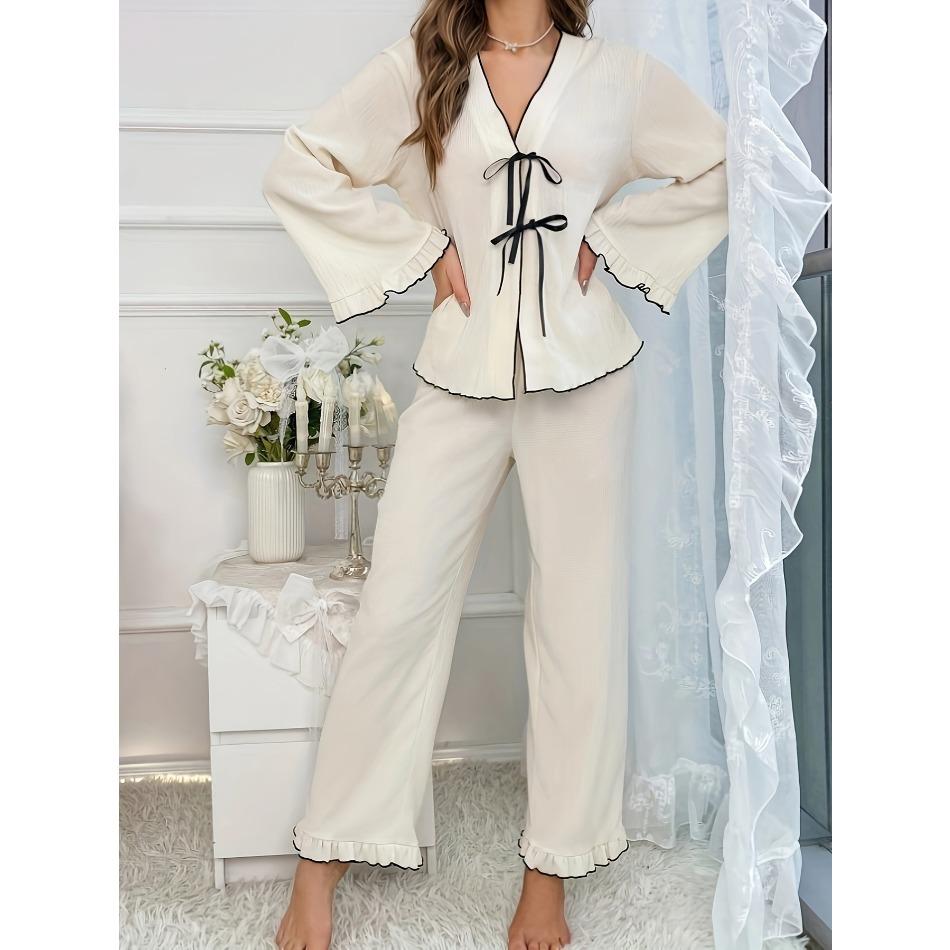 Women s Solid Color V-Neck Tie Cardigan Pajama Set, Long Sleeve Casual Breathable Loungewear S