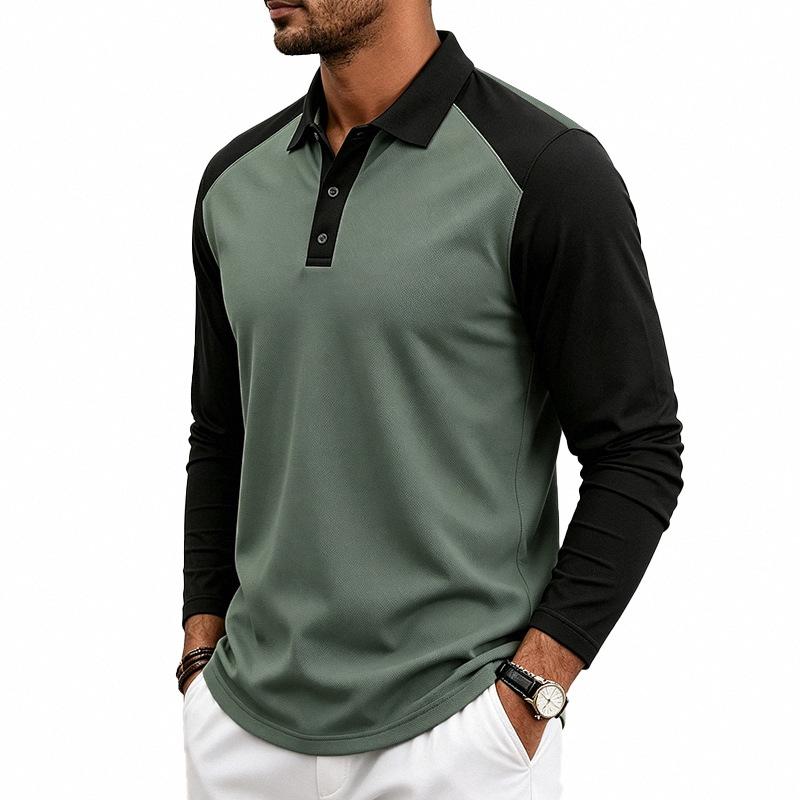 Herren American Style Lockerer Farbblock Casual Umlegekragen Langarm Golf Poloshirt