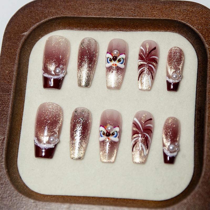 Новогодний Красный Лев Гель-лак Накладные Ногти, Однотонный, Французский Салют Дизайн Ногтей с Высококачественным Отбеливающим Эффектом Large