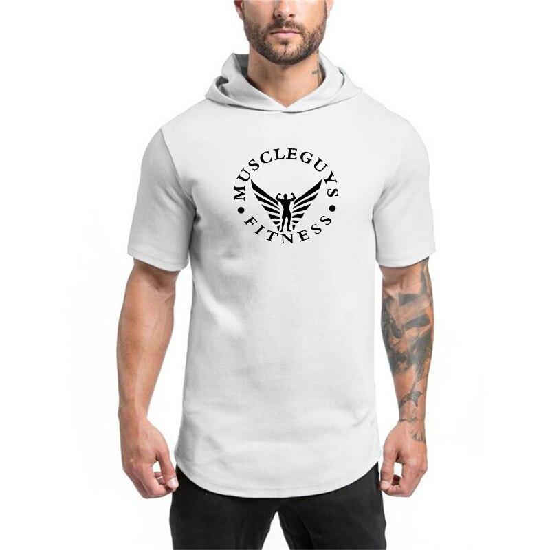 Muscleguys Sports Hooded T-Shirt Summer New Men's Short-sleeved T-shirt Cotton Trend Bodybuilding Fitness Hooded Half-sleeve Sweater