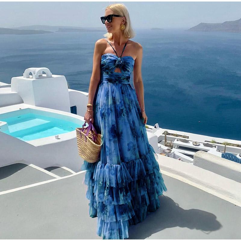 

2025 Лето Новый Стиль Французский Стиль Отпускной Повседневный Темперамент Платье на Бретелях Принт Сетка Женское Холтер Длинная Юбка XL синий