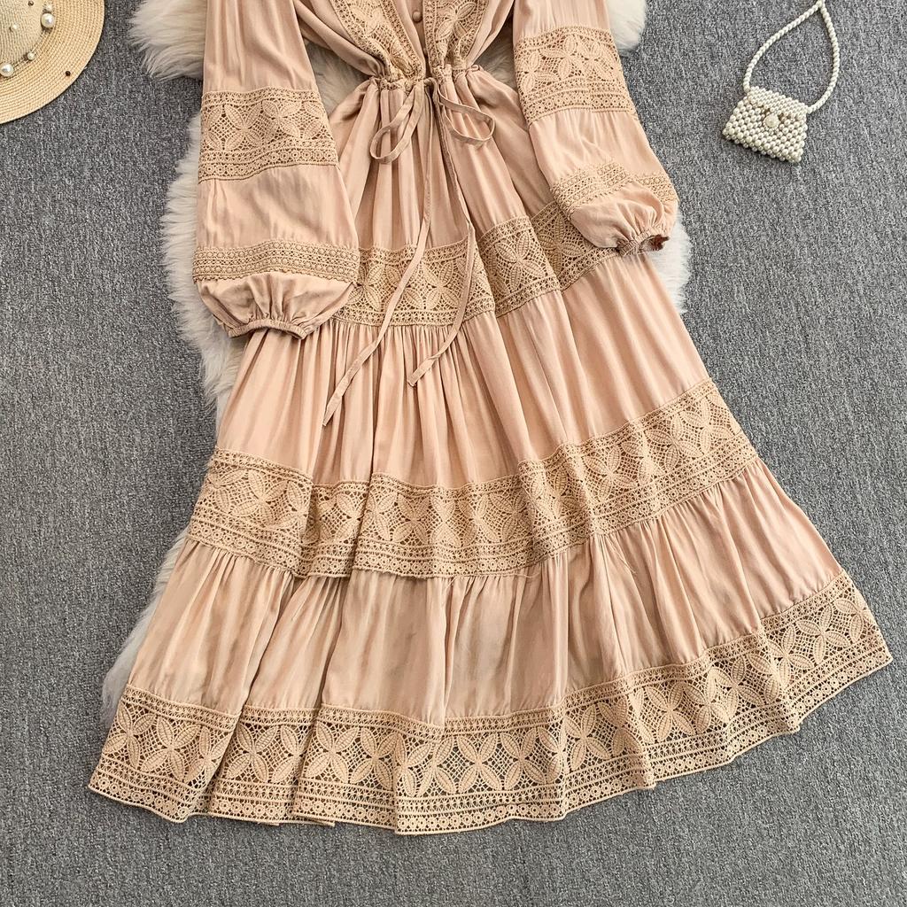 Lace Patchwork Round Neck Long Sleeved Dress for Women In Spring  Autumn Buttoned Drawstring Waist Cinching Slimming Cake Women Dress