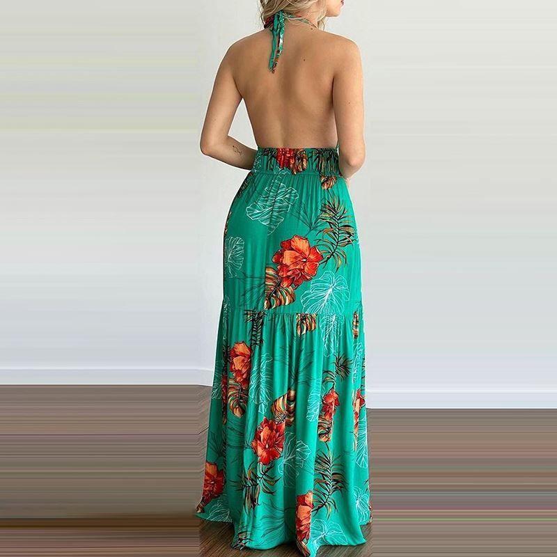 European and American-Style Printed Backless Maxi Dress