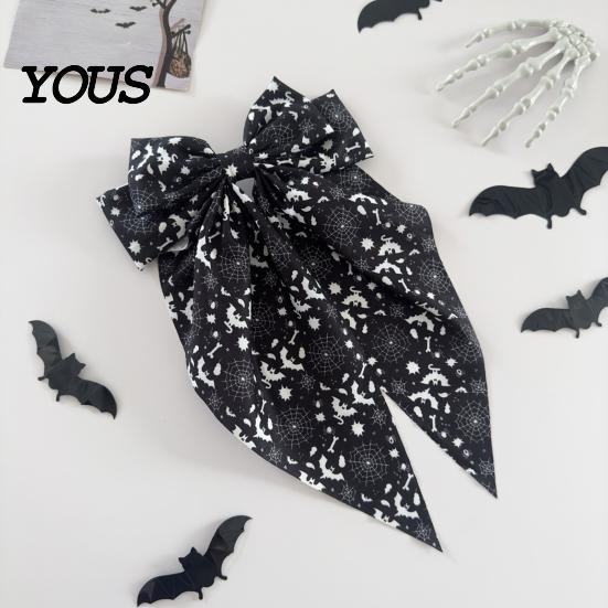 Pumpkin Hair Clip Halloween Bow Spring Clips for Women, Skeleton Ghost Hand Printed Festive Accessory Fabric Barrettes, Cute Horror Accessories