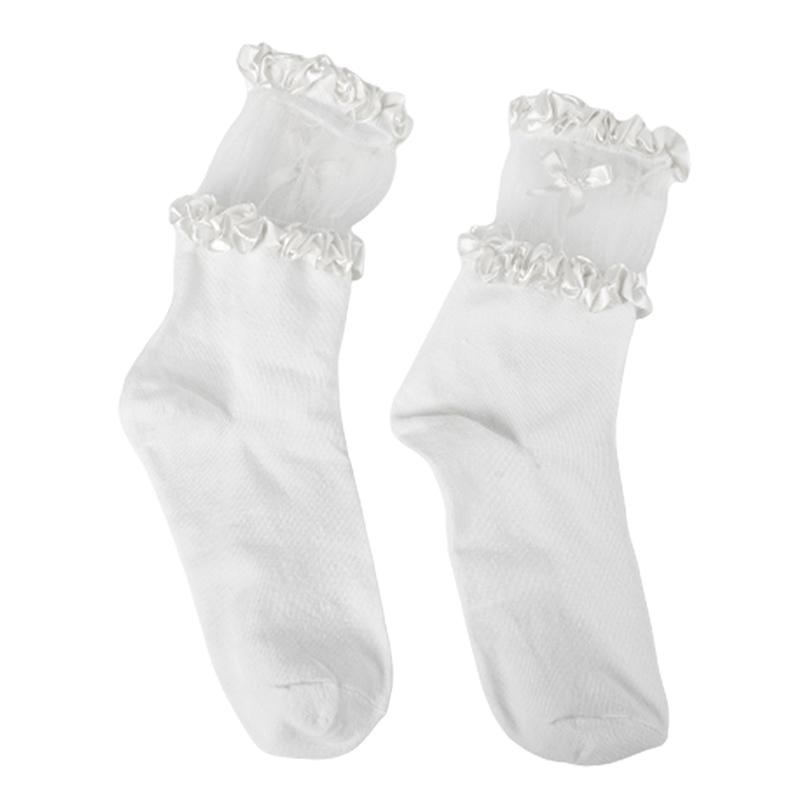 

1Pair Women Mid-Calf Socks Autumn Spring Bowknot Jk Lolita Thin Cotton Socks Fashion Lace Stitching Kawaii Breathable Socks белый