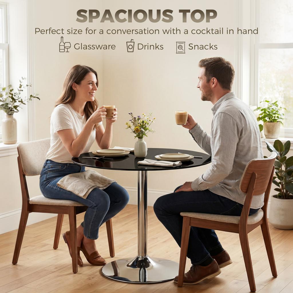 Round Bar Table, Modern Dining Table with Tempered Glass Top and Steel Frame for 4, 70 x 70 x 75.5cm, Black