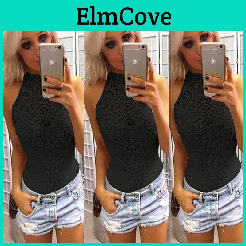 Elegant Womens Lace Sleeveless Bodysuit With Stretch Choker Detail And Sexy Appeal