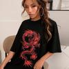 Chinese Dragon Print Cutout Design Dropped Shoulder T-Shirt Women Hip Hop Streetwear Summer Cotton Breathable Tops Brand Clothes