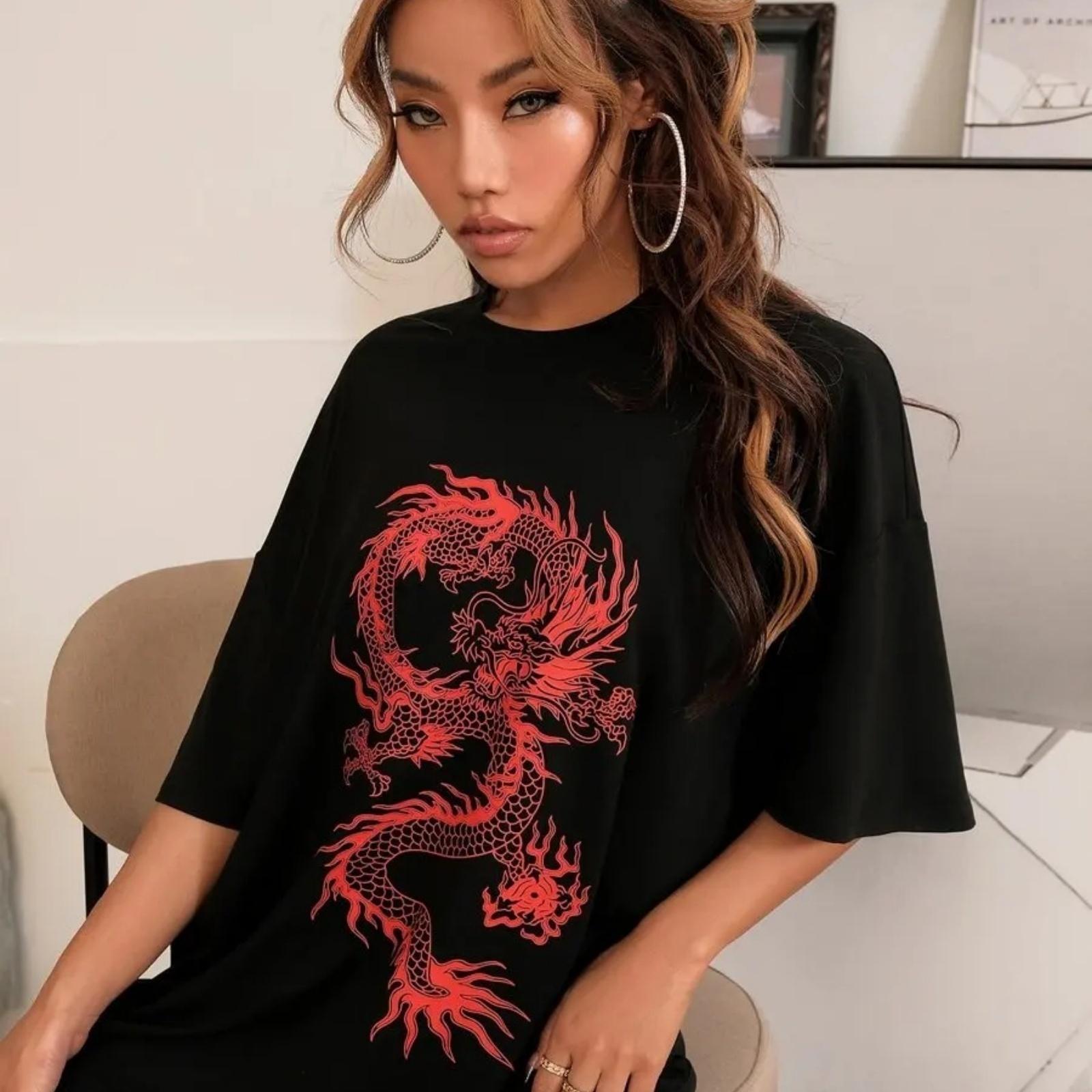 

Chinese dragon print cutout design Dropped Shoulder T-Shirt Women Hip Hop Streetwear Summer Cotton Breathable Tops Brand Clothes XXXXXL чорний