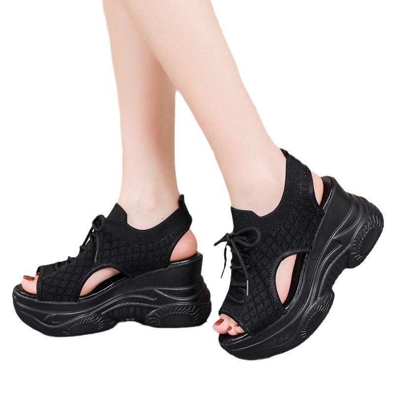 Flying Woven Mesh Wedge Heel Sandals Summer Fish Mouth High Heel Casual Small Large Size Sandals