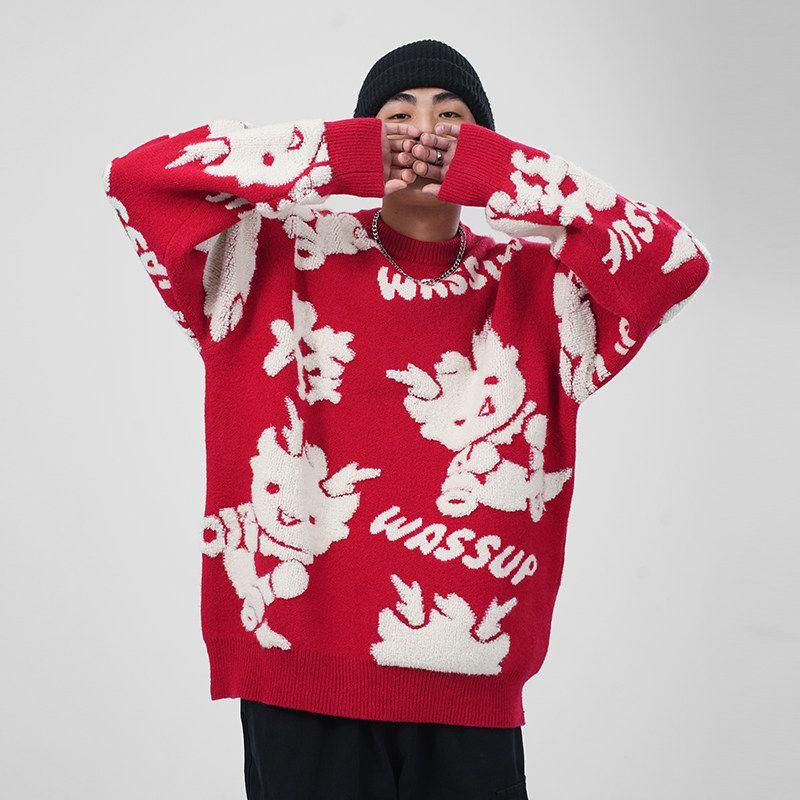 Wassup Heods Year of the Dragon Limited Edition Trendy Brand Knitted Sweater for Men, Autumn and Winter Warm Loose-Fitting Couple's Red Top