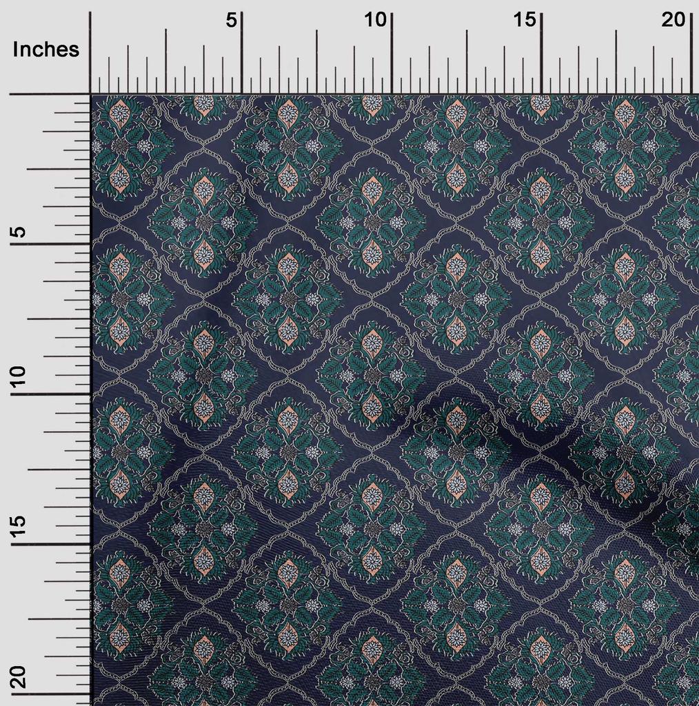 oneOone Cotton Poplin Fabric Damask|Leaves & Floral Block Printed Craft Fabric BTY 42 Inch
