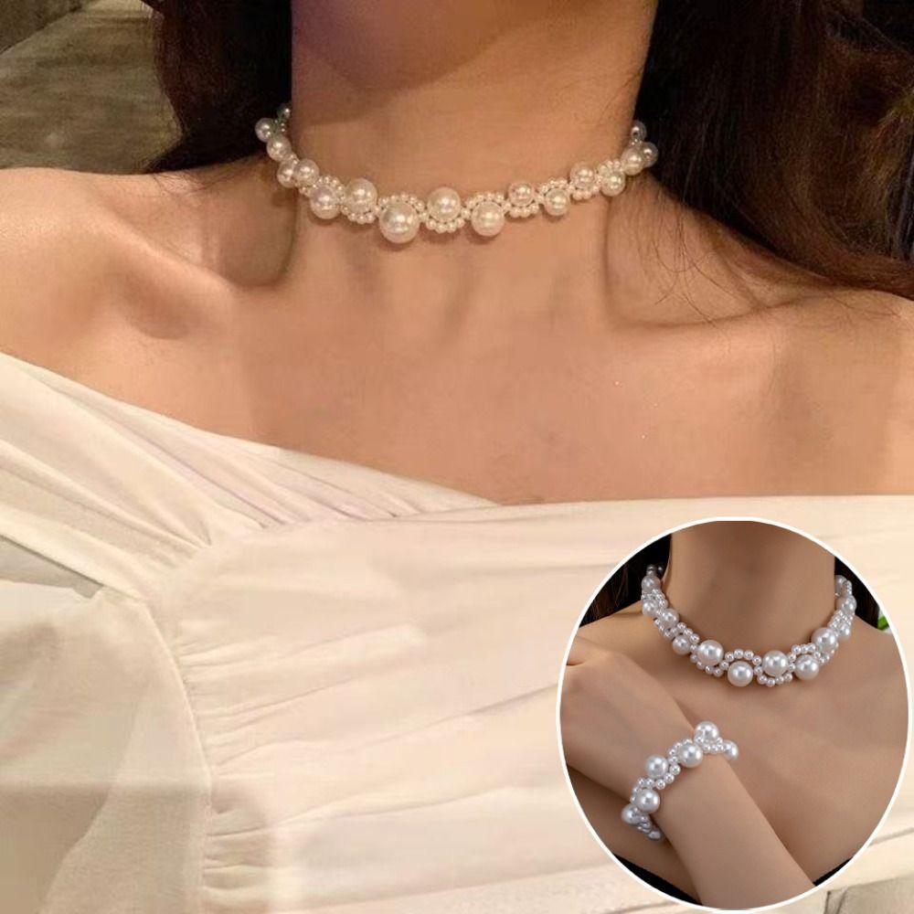 Chain Choker Pearl Necklace Bracelet Set Light Luxury Women Jewelry Set  Wedding
