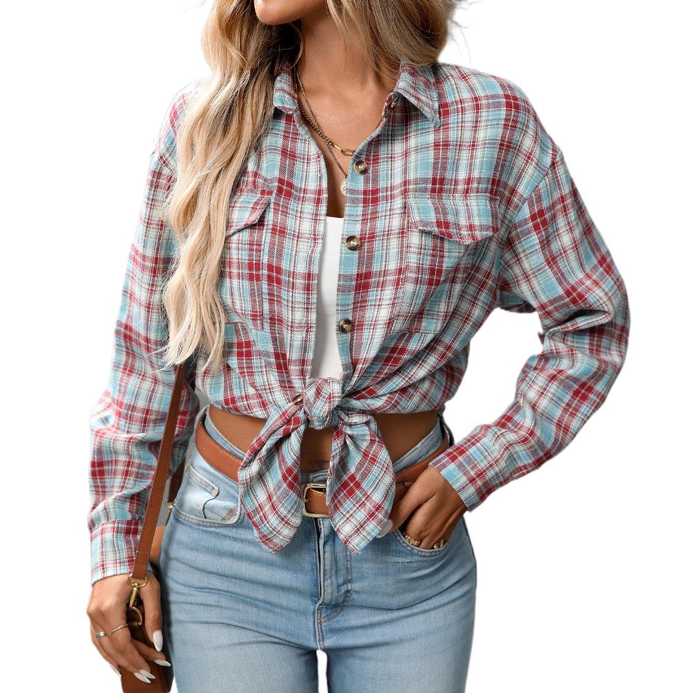 Women's Casual Button-Down Plaid Shirt, Long Sleeve Tie Front Top, Multiple Color Options